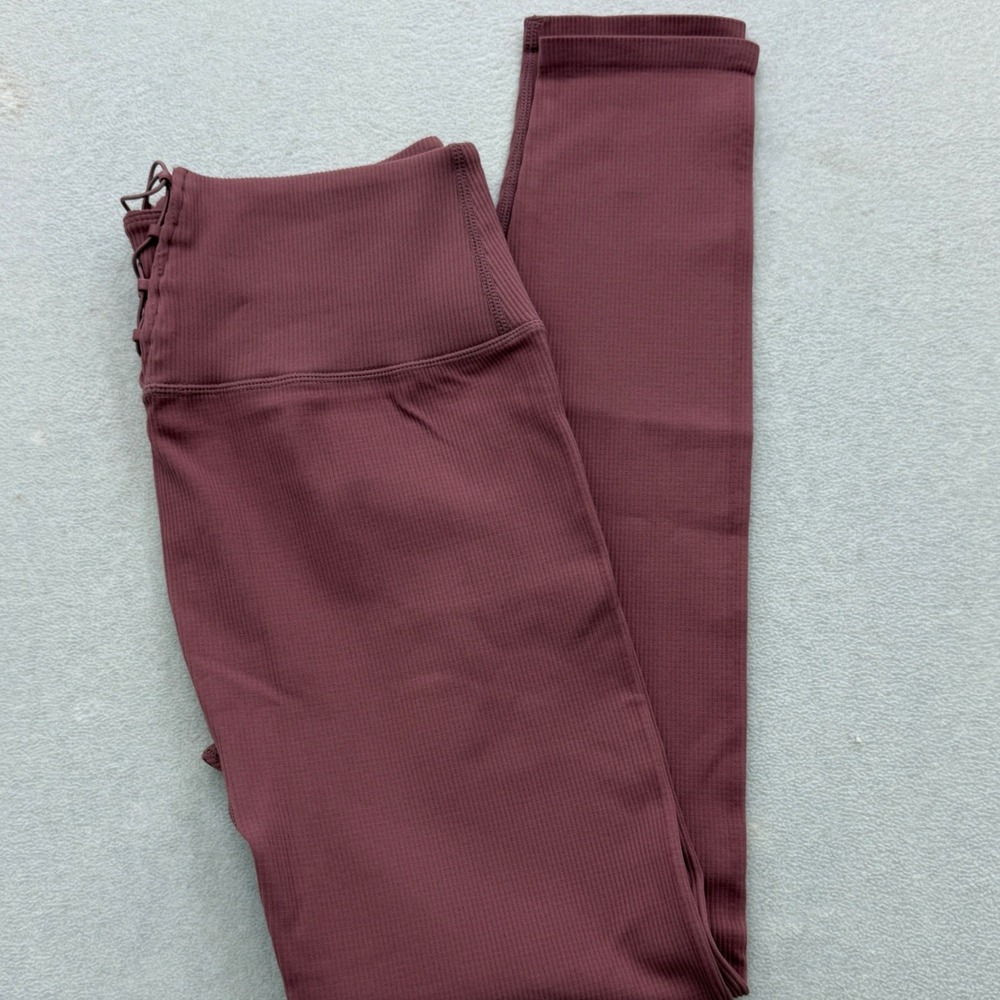 Fabletics Leggings Womens L Large Burgundy Ribbed Lace Up Corset Seamless Yoga